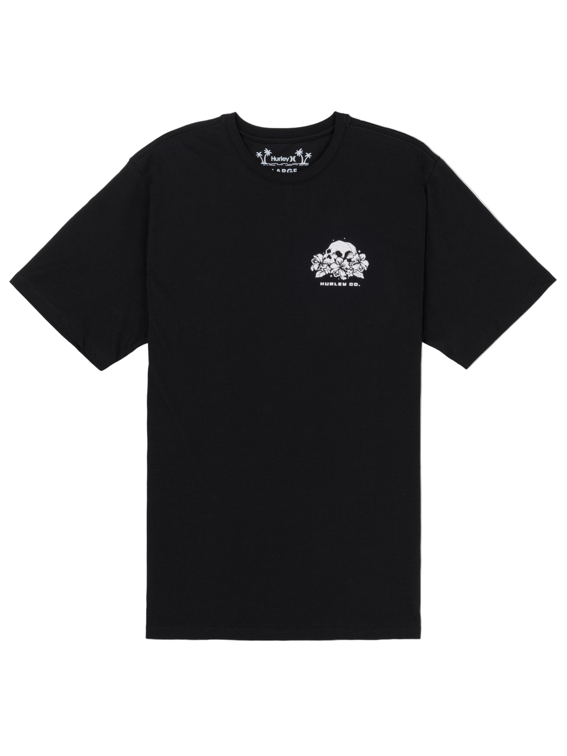 Black t-shirt with a white logo on a white background