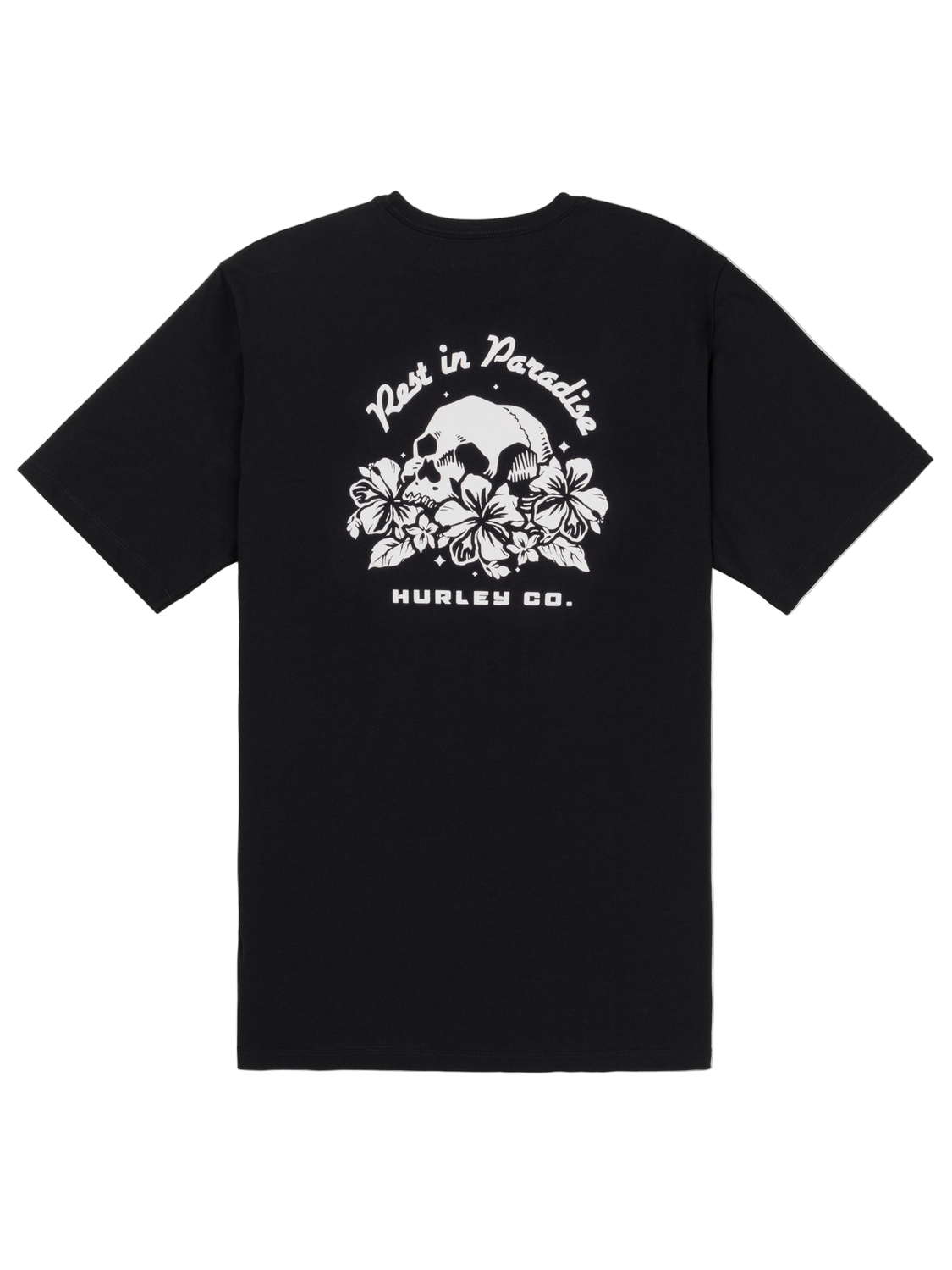 Black t-shirt with white graphic design on a white background