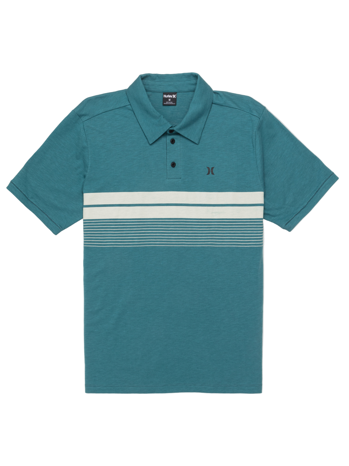 Teal polo shirt with white stripe on a white background