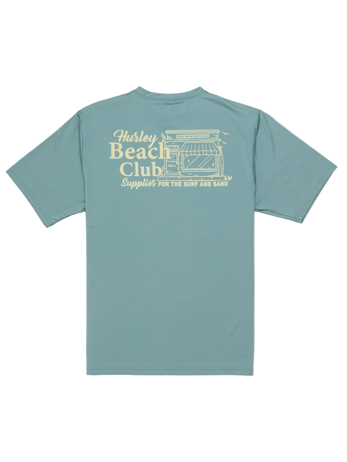 Teal t-shirt with 'Hurley Beach Club' graphic on a white background