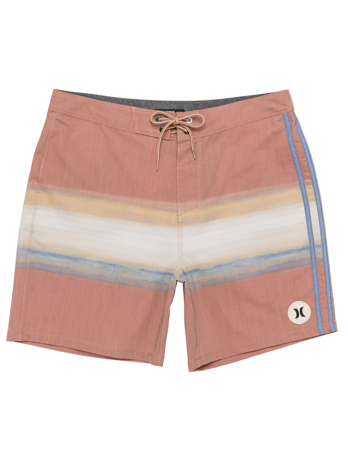 Multicolored striped shorts with a brand logo on a white background