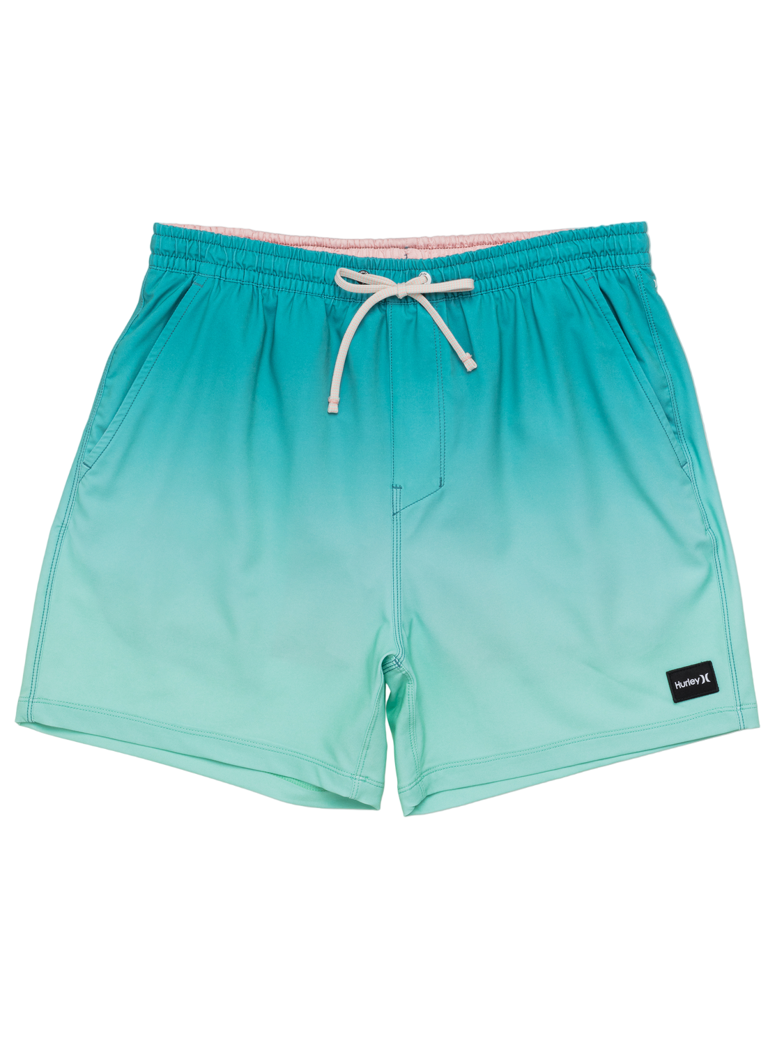 Teal swim shorts with a brand label on a white background