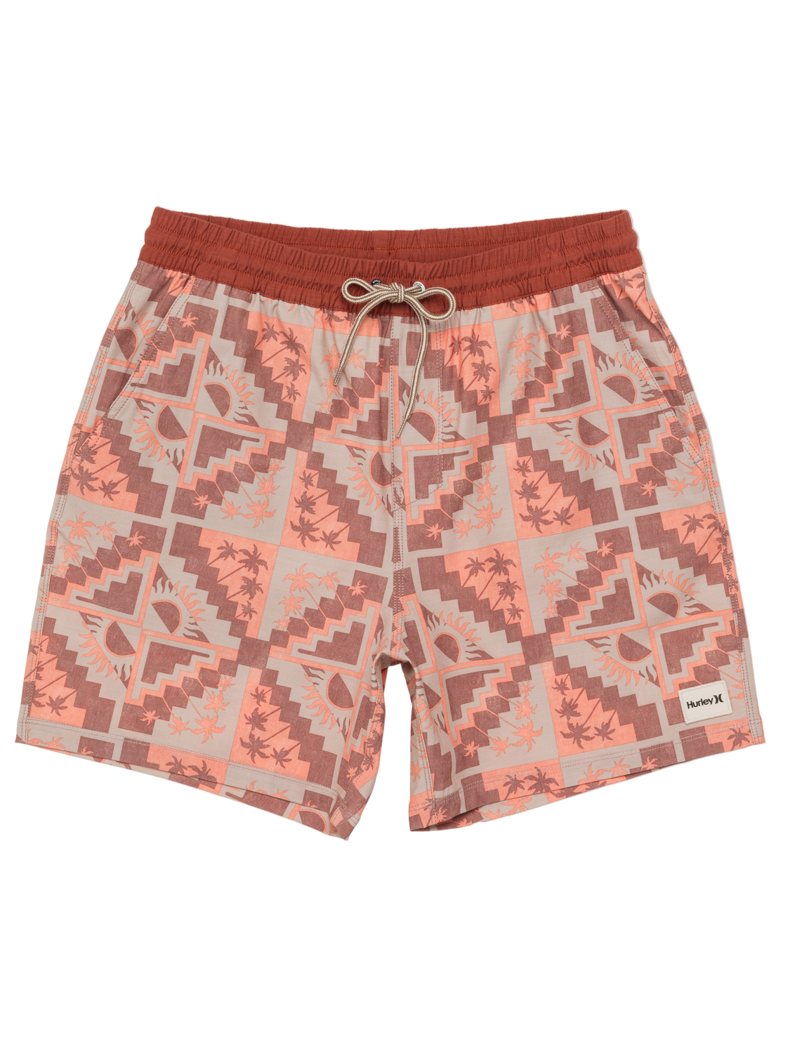 Patterned shorts with a drawstring on a white background