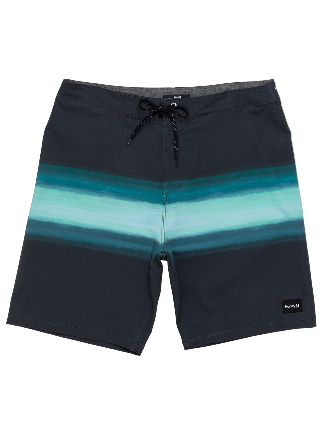 Black and blue striped board shorts on a white background