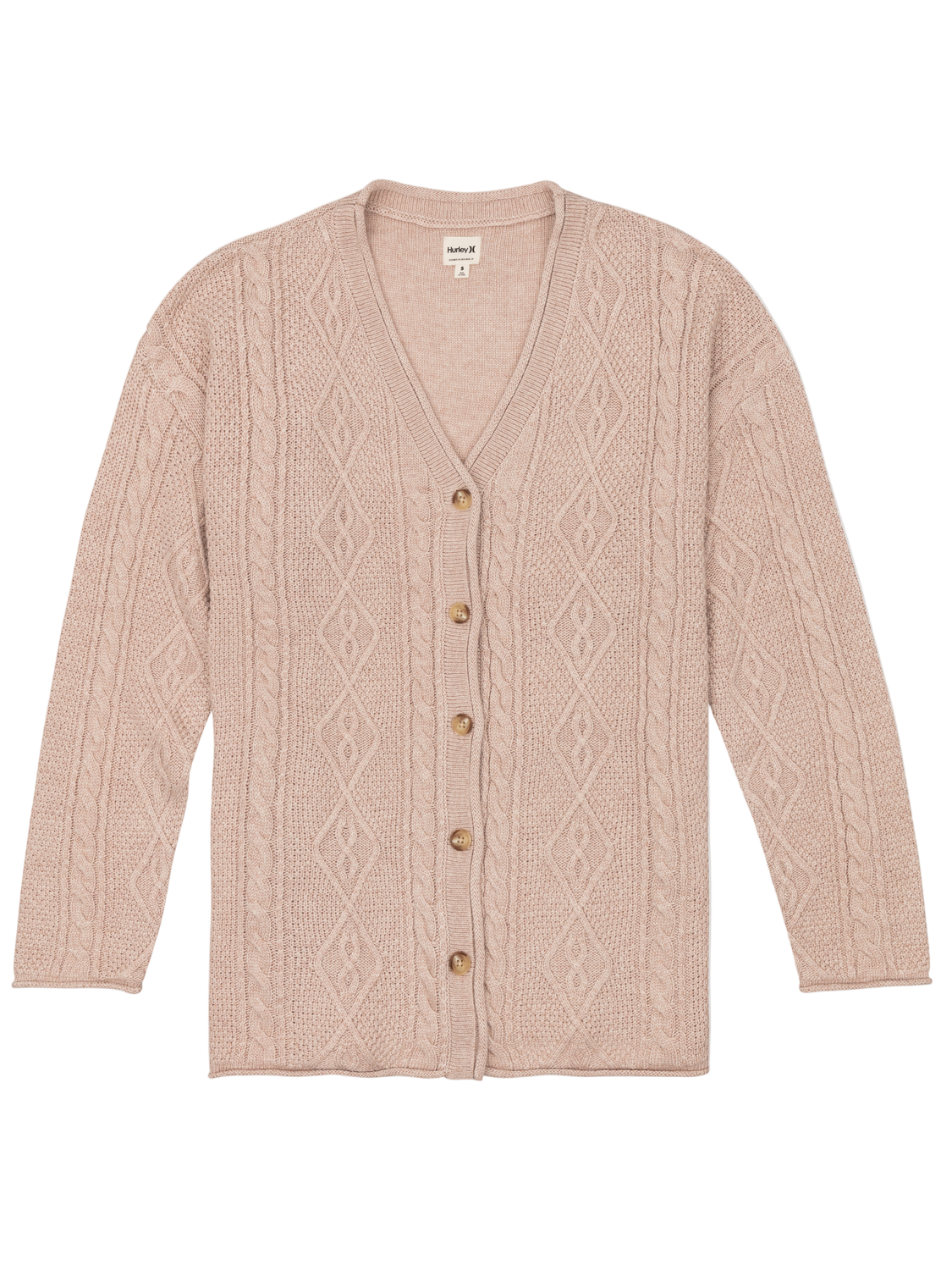 Beige cable knit cardigan with buttons on a white background