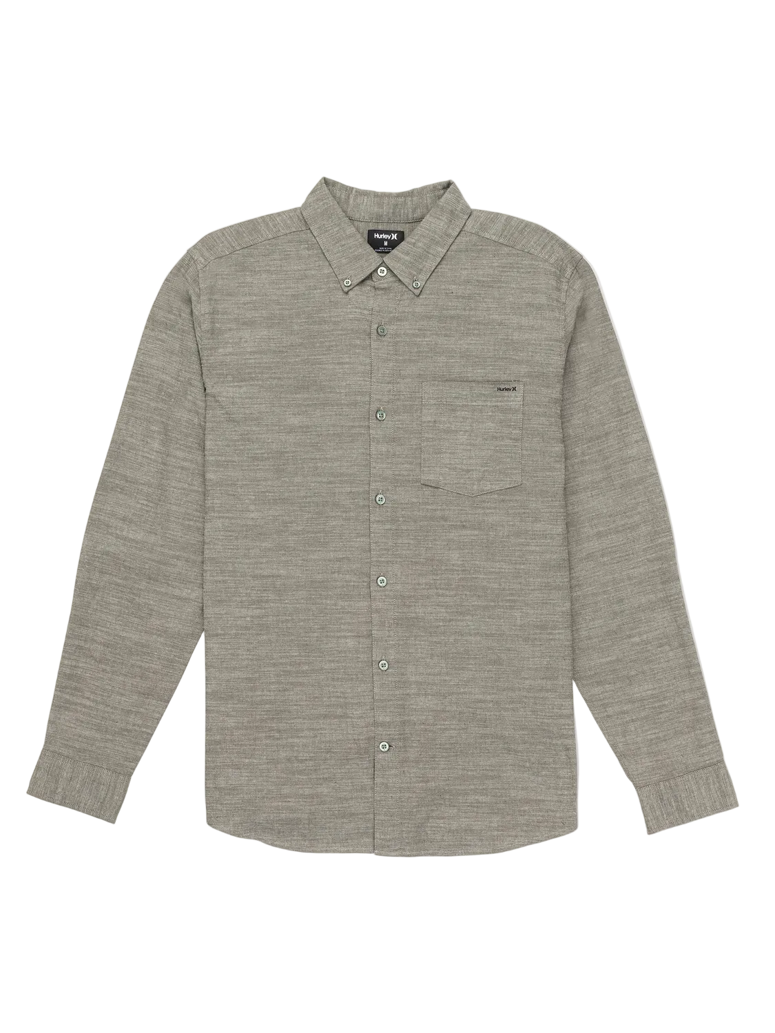 A long-sleeve button-down shirt in a heathered grayish-brown fabric, featuring a pointed collar, button-up front, and a chest pocket with a small label.