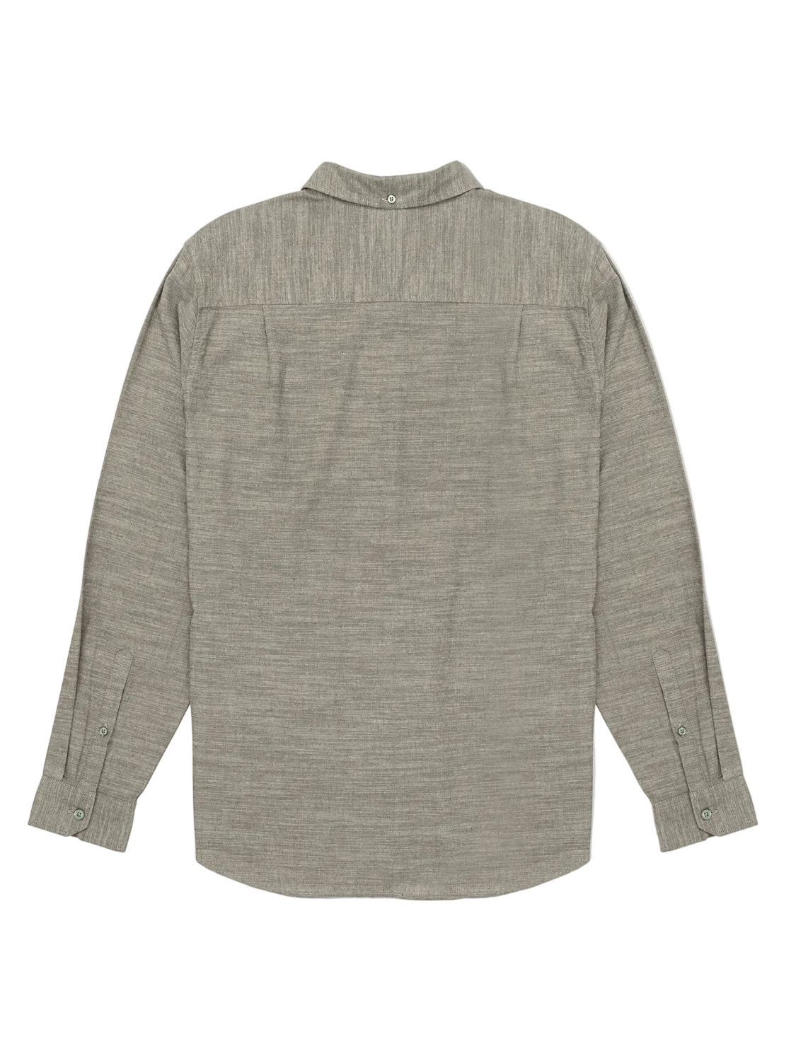 A long-sleeve button-up shirt in a textured heathered gray fabric, shown from the back on a light gray background.