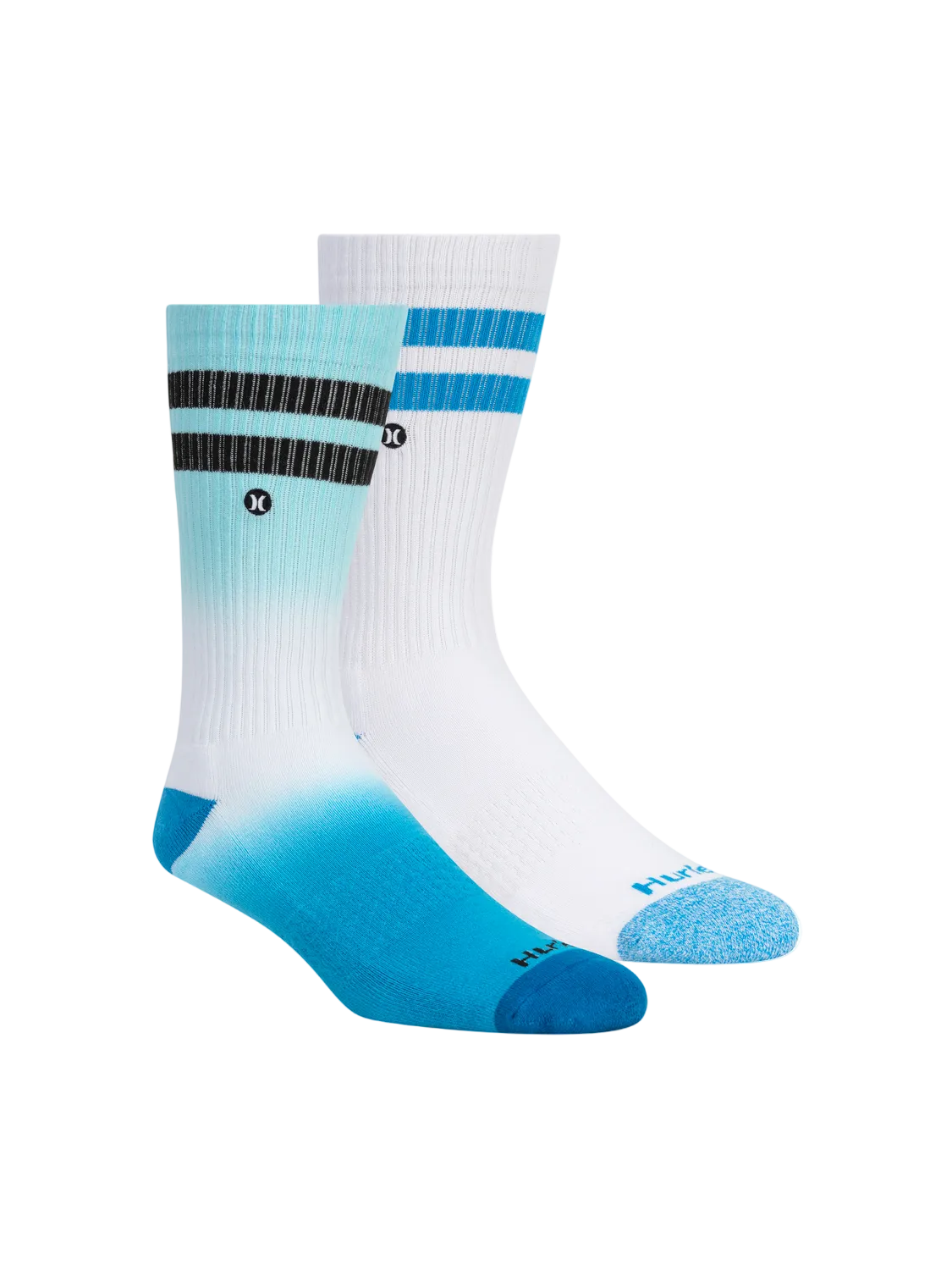Two pairs of socks with blue and white design on a white background