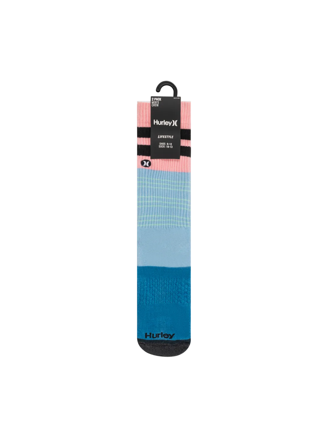 Multicolored sock with a black tag on a white background