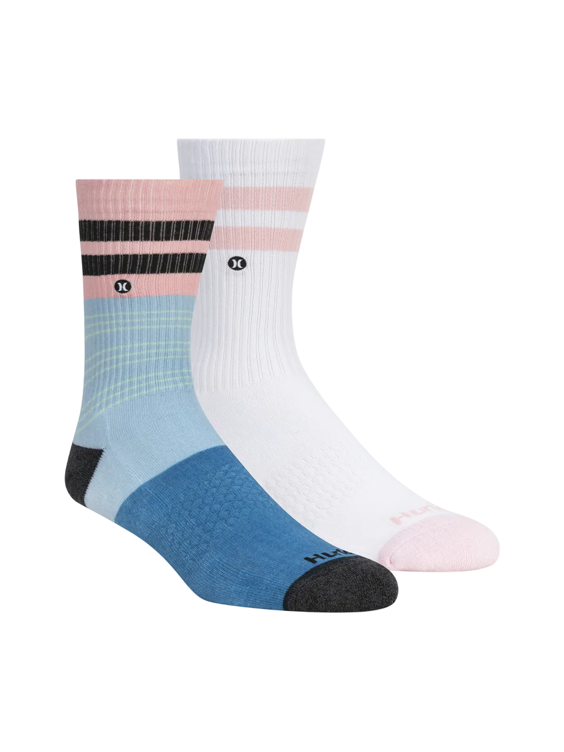 Three pairs of socks in white, pink, and blue on a white background
