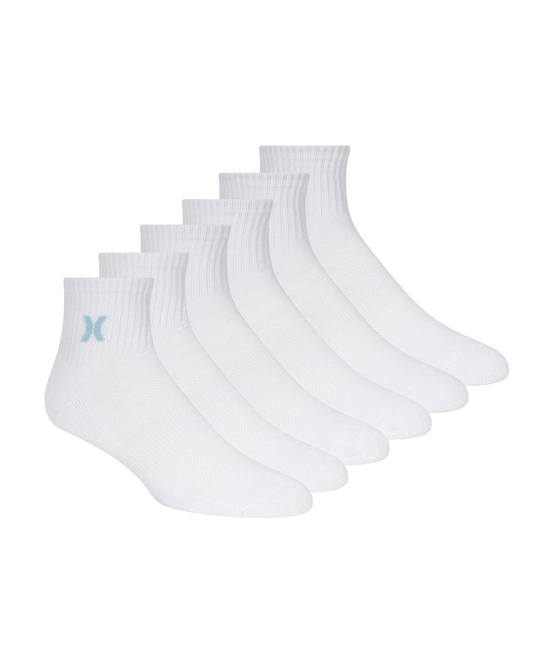 Set of six white ankle socks with a small logo on a white background