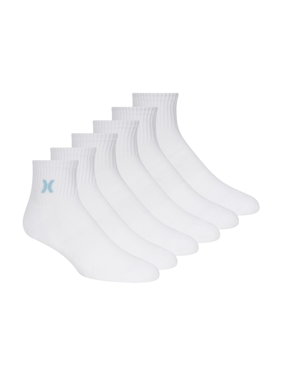 Set of six white ankle socks with a small logo on a white background