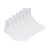 Set of six white ankle socks with a small logo on a white background