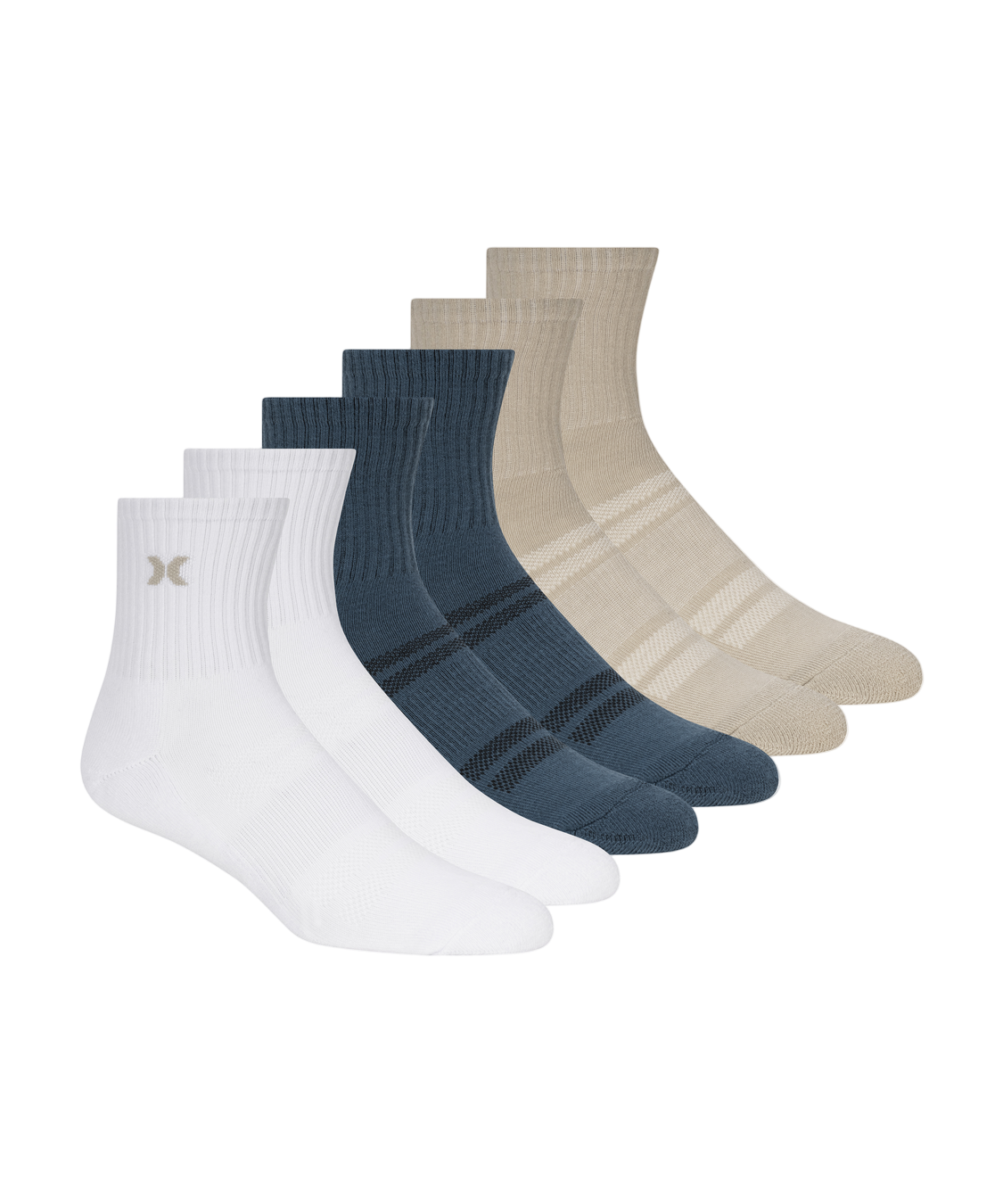 Set of six socks in white, blue, and beige on a white background