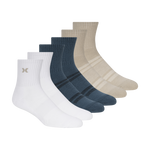 Set of six socks in white, blue, and beige on a white background
