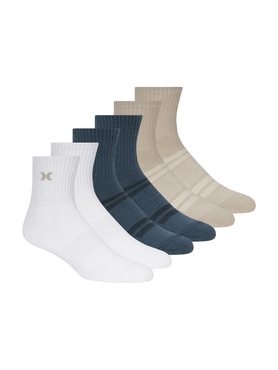 Set of six socks in white, blue, and beige on a white background