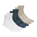 Set of six socks in white, blue, and beige on a white background