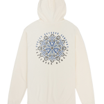 White hoodie with a blue and black mandala design on a white background
