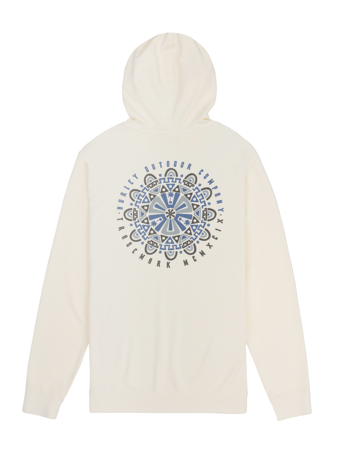 White hoodie with a blue and black mandala design on a white background