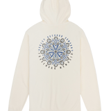 White hoodie with a blue and black mandala design on a white background