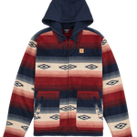 Hoodie with red, blue, and white pattern on a white background