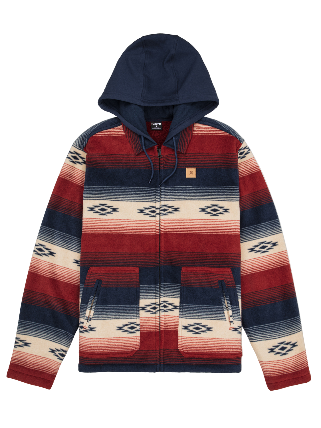 Hoodie with red, blue, and white pattern on a white background
