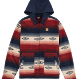 Hoodie with red, blue, and white pattern on a white background