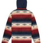 Hoodie with a geometric pattern in red, blue, and beige on a white background