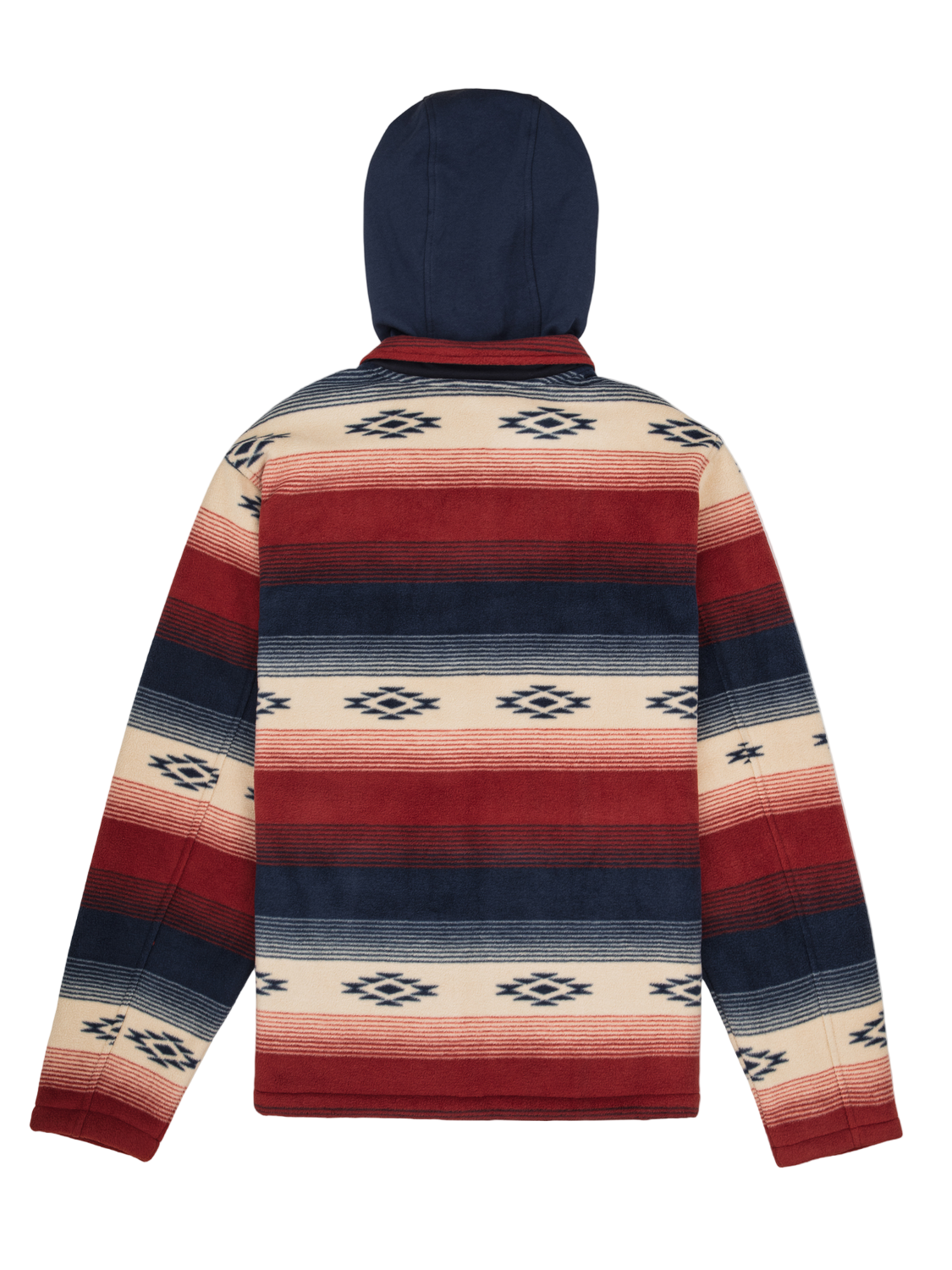 Hoodie with a geometric pattern in red, blue, and beige on a white background