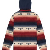 Hoodie with a geometric pattern in red, blue, and beige on a white background