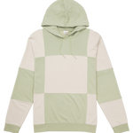 Green and beige color-blocked hoodie on a white background