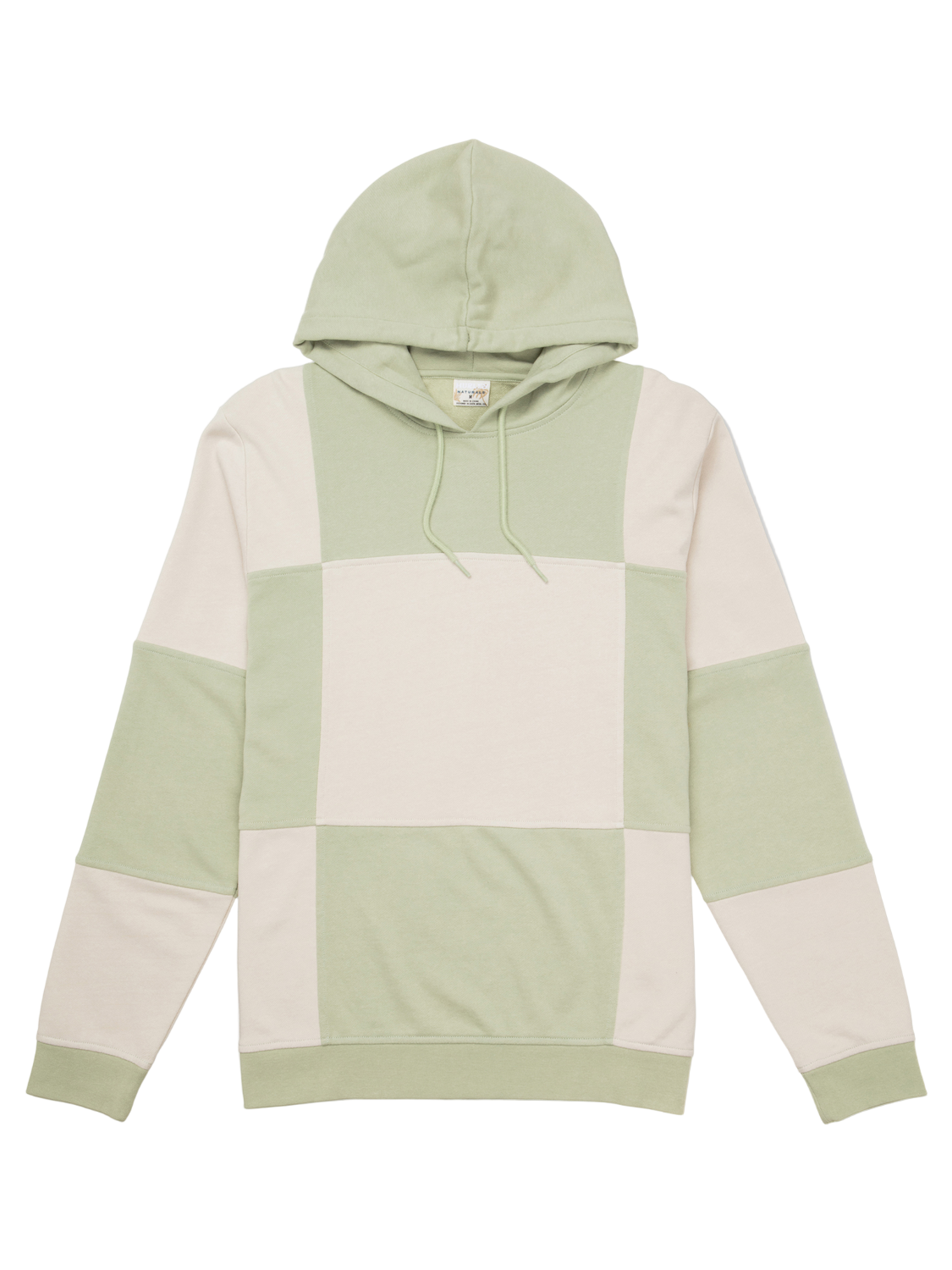 Green and beige color-blocked hoodie on a white background