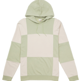 Green and beige color-blocked hoodie on a white background