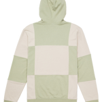 Green and beige patchwork hoodie on a white background