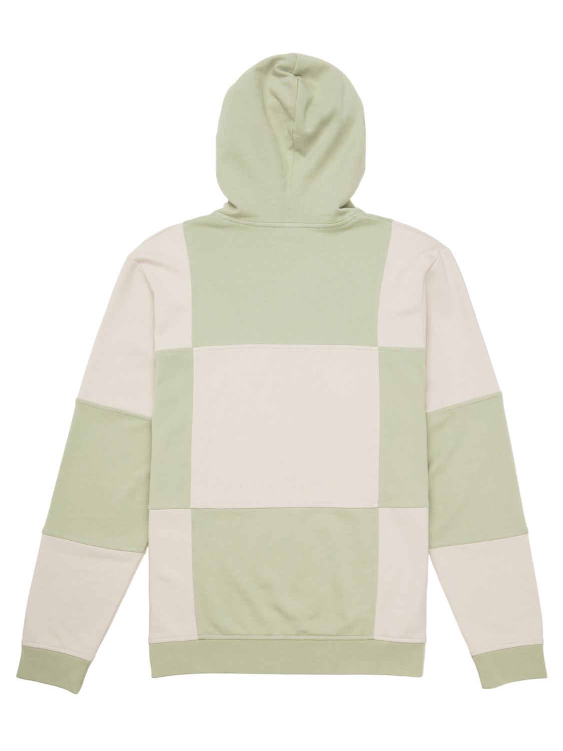 Green and beige patchwork hoodie on a white background