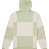 Green and beige patchwork hoodie on a white background