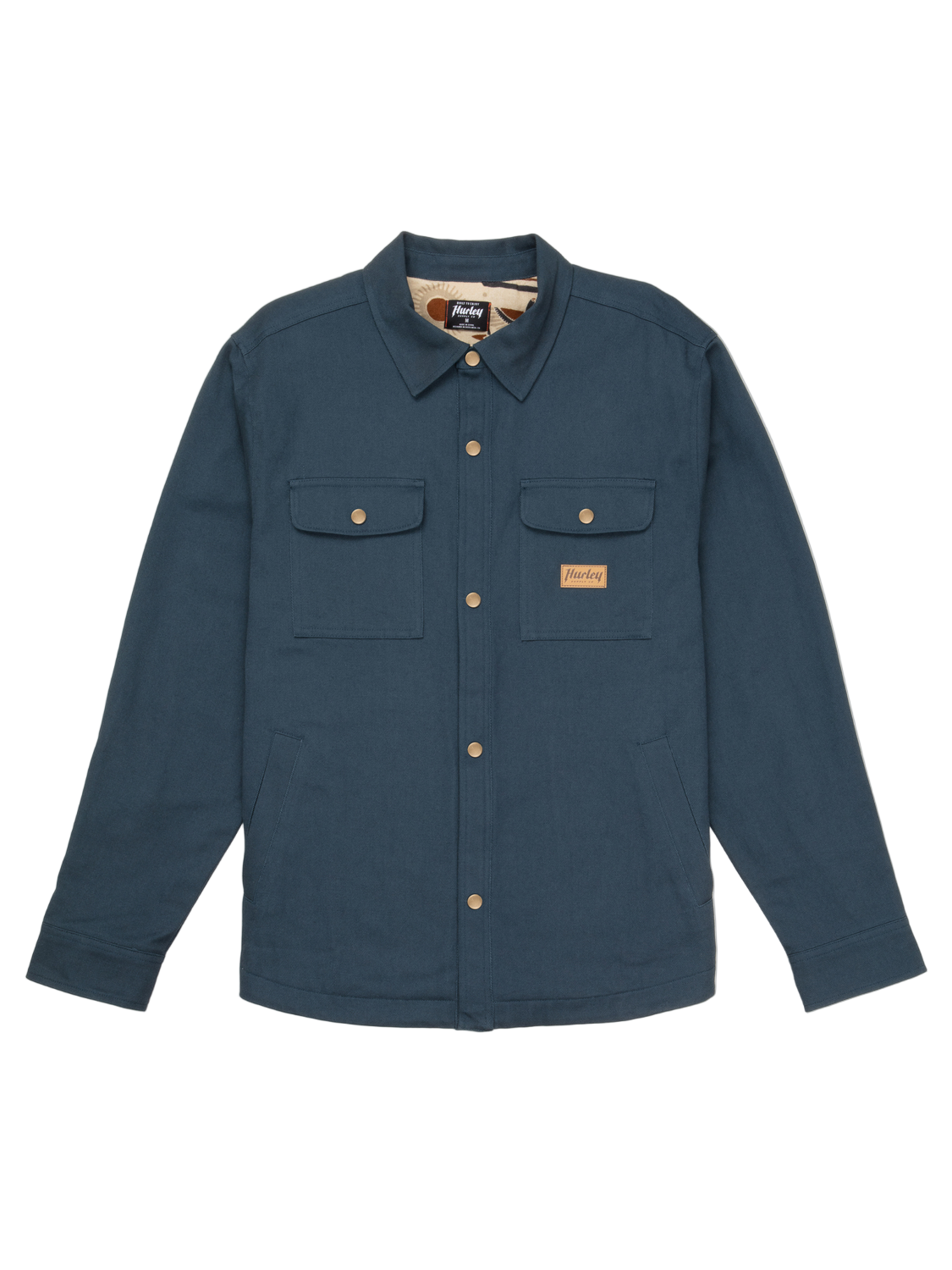 Navy blue shirt with two front pockets on a white background