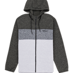 Hoodie with gray and white color block design on a white background