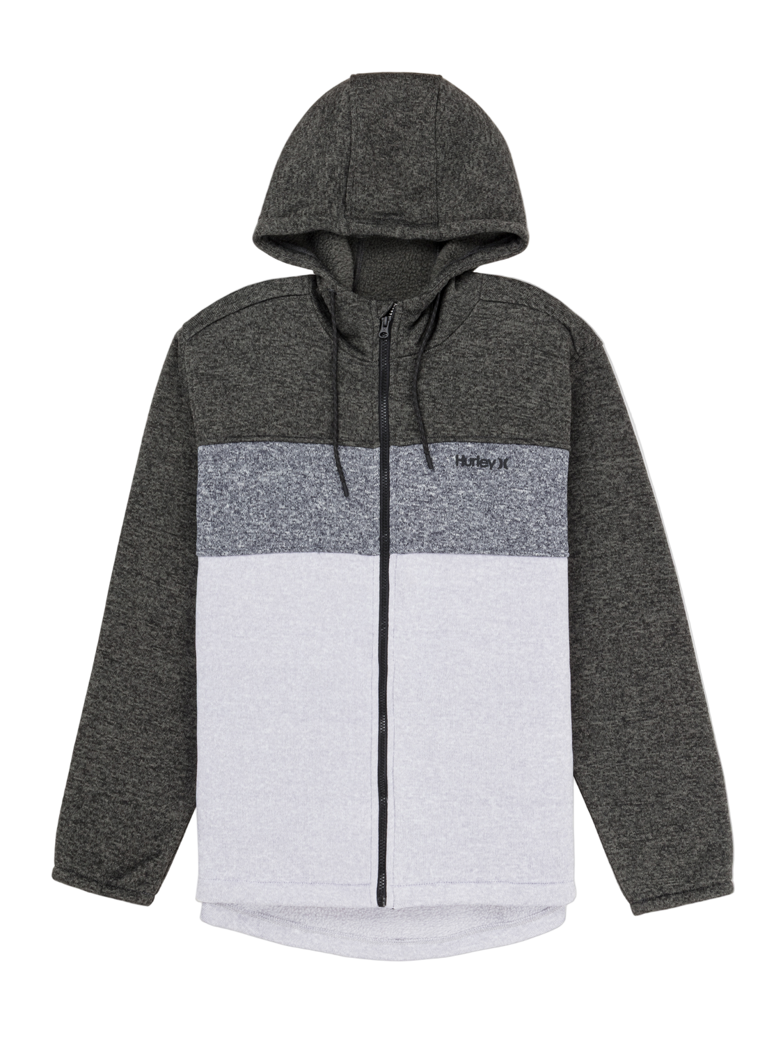 Hoodie with gray and white color block design on a white background