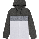 Hoodie with gray and white color block design on a white background