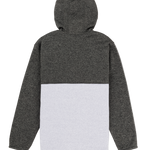 Back view of a gray and white hoodie on a white background
