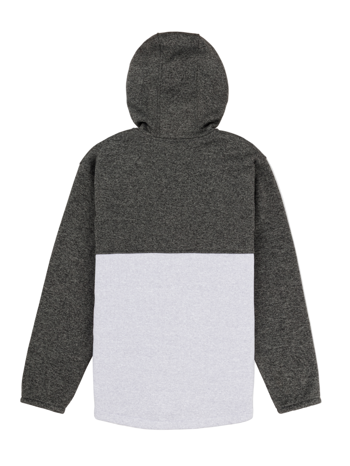 Back view of a gray and white hoodie on a white background
