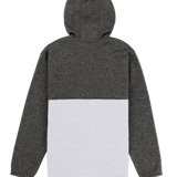 Back view of a gray and white hoodie on a white background