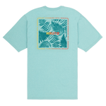 Light blue t-shirt with a graphic design on the back against a white background