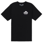 Black t-shirt with a white logo on a white background