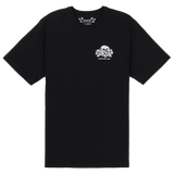 Black t-shirt with a white logo on a white background