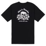 Black t-shirt with white graphic design on a white background