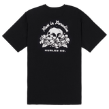 Black t-shirt with white graphic design on a white background