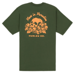 Green t-shirt with orange graphic design on a white background