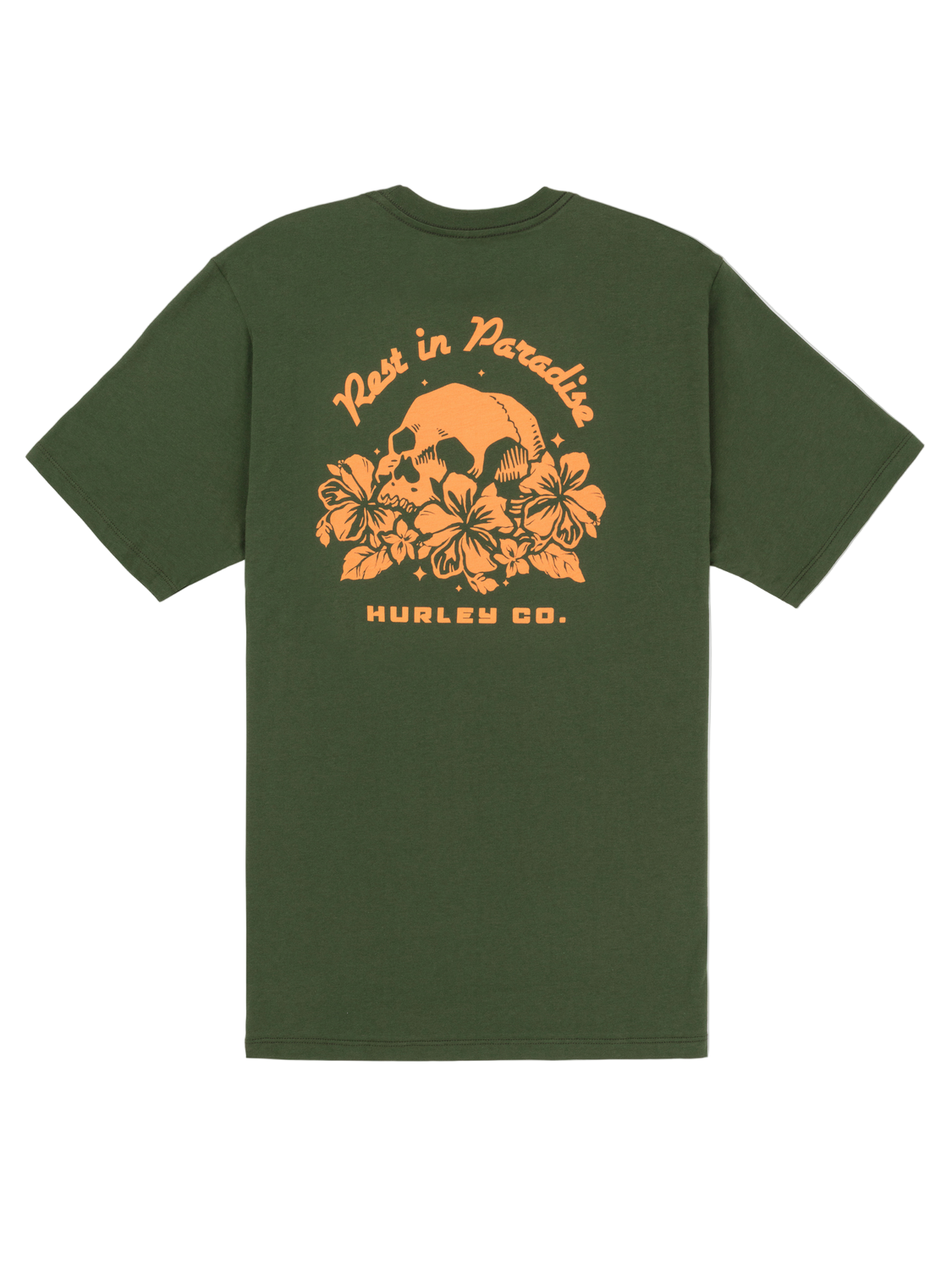 Green t-shirt with orange graphic design on a white background